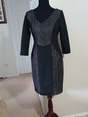 Max & Cleo Black Dress with Black Overlay-Textured Panels